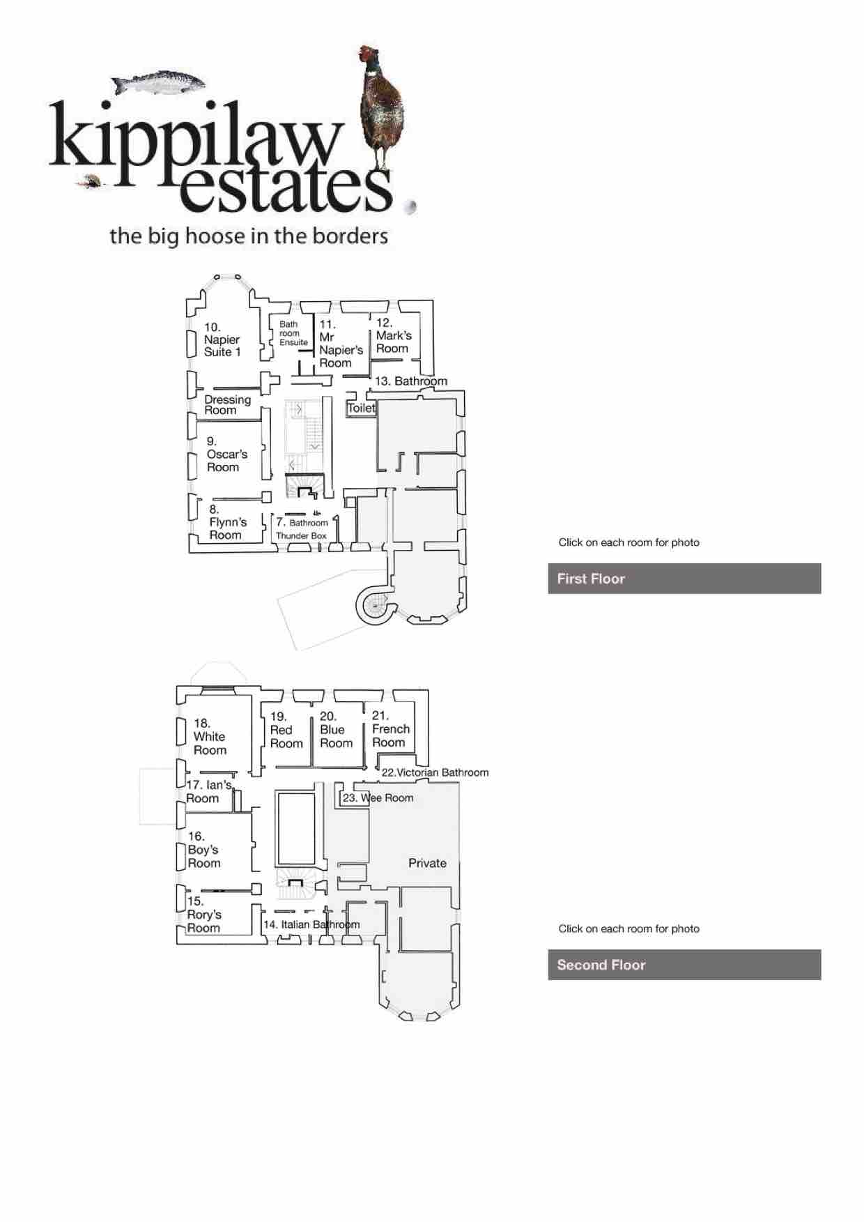 all bedrooms +extra 3 tower bedrooms are in grey